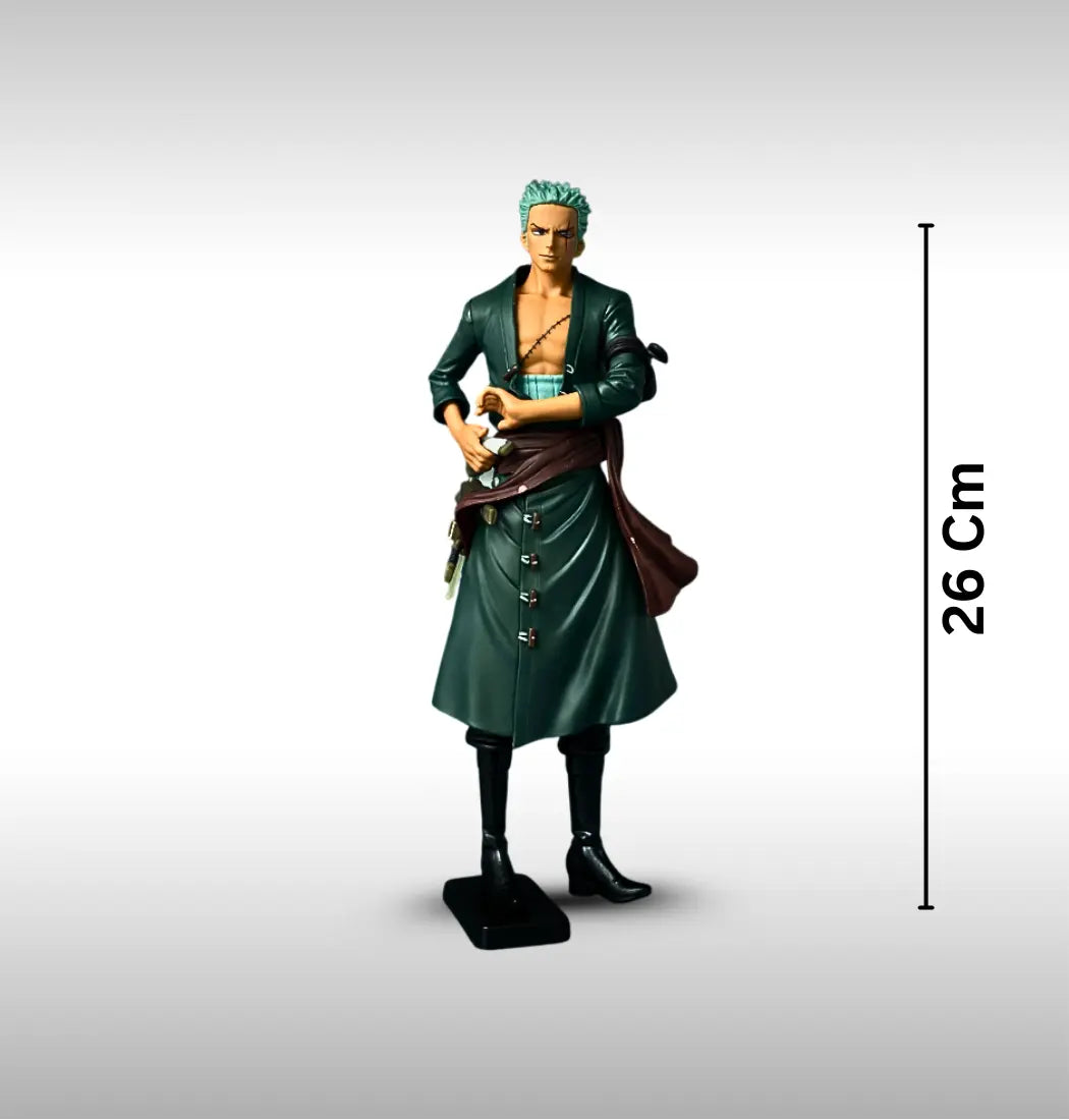 Roronoa Zoro Action figure with a measurement label on a gray background
