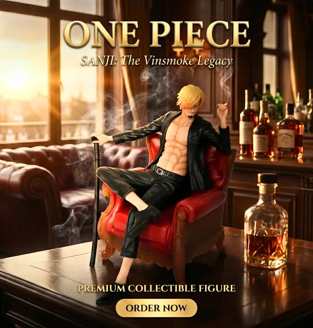 Sanji Premium collectible figure of a character from 'One Piece' sitting on a red chair in a room with bottles and a window.