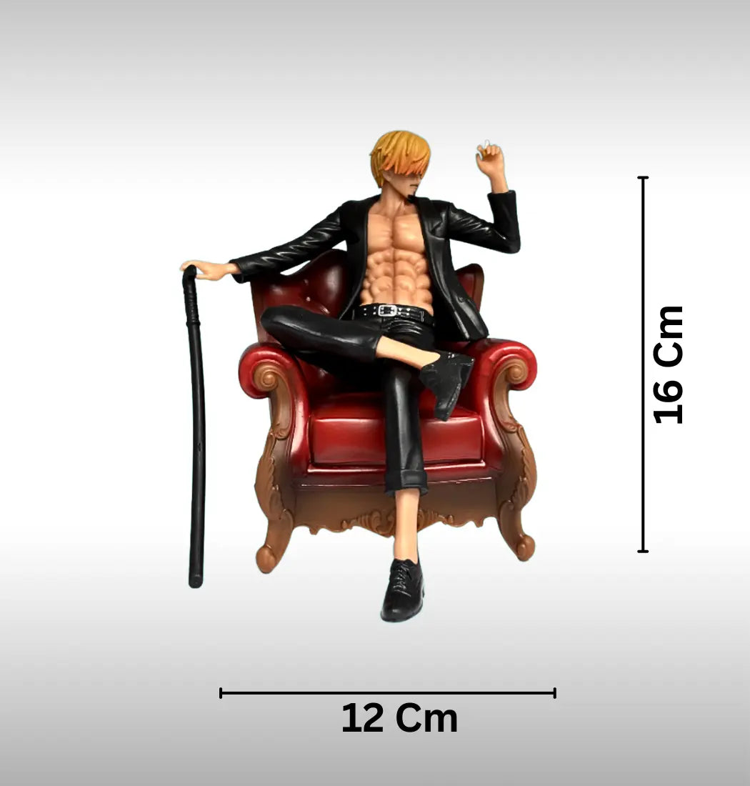 Sanji Action figure of a character sitting on a red chair with measurements indicated
