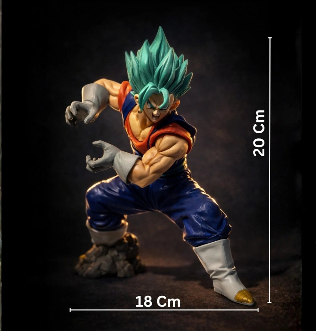 Vegito Action figure with measurements on a dark background