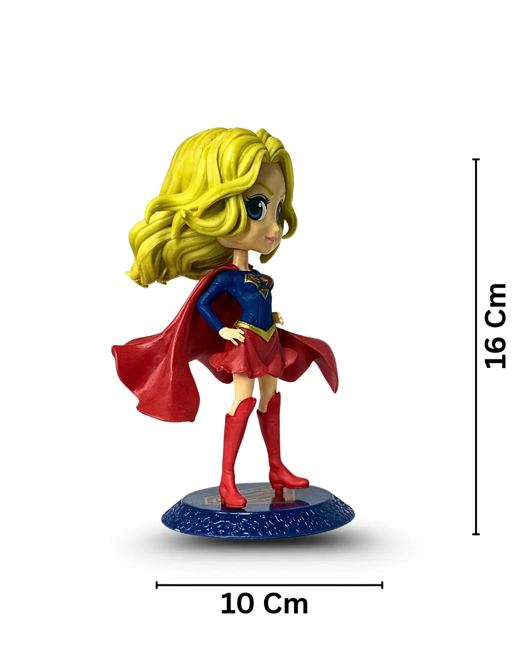 Superhero figurine with measurements on a white background