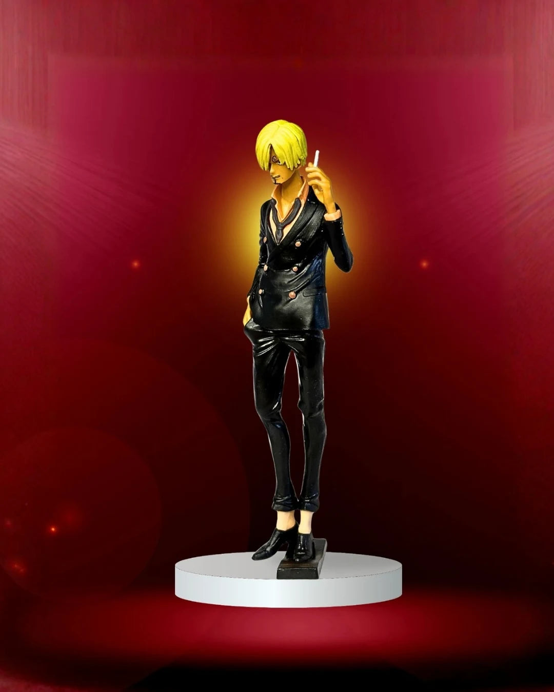 Statue of a character with yellow hair and black outfit against a red background