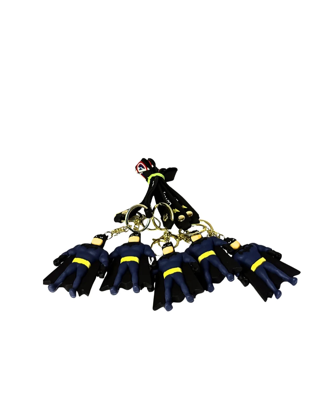 Black and yellow keychain with multiple small black figures on a white background