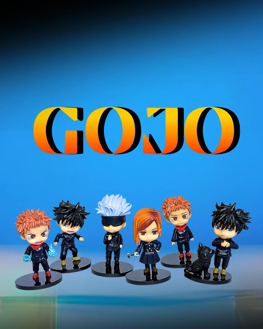 Set of Gojo-themed figurines with 'GOJO' text on a blue background
