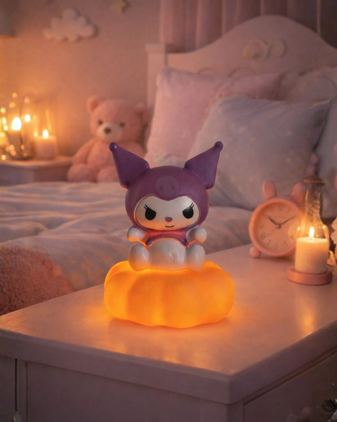 Cartoon character night light on a bedside table with candles and a teddy bear in the background