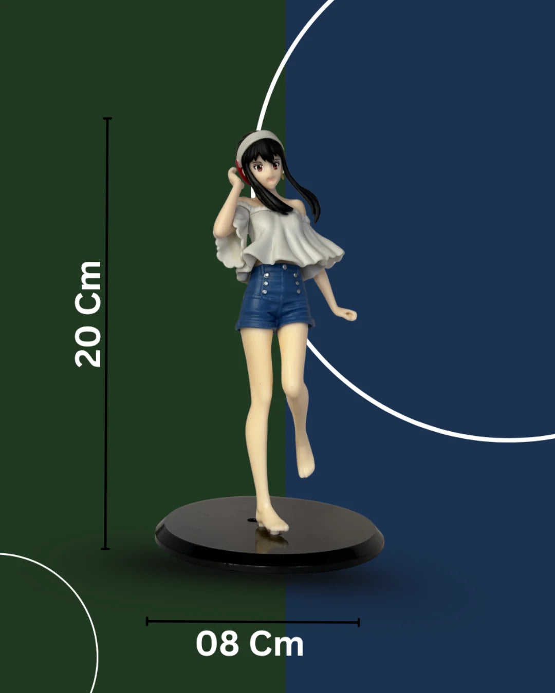 Figurine of a person with measurements on a green and blue background