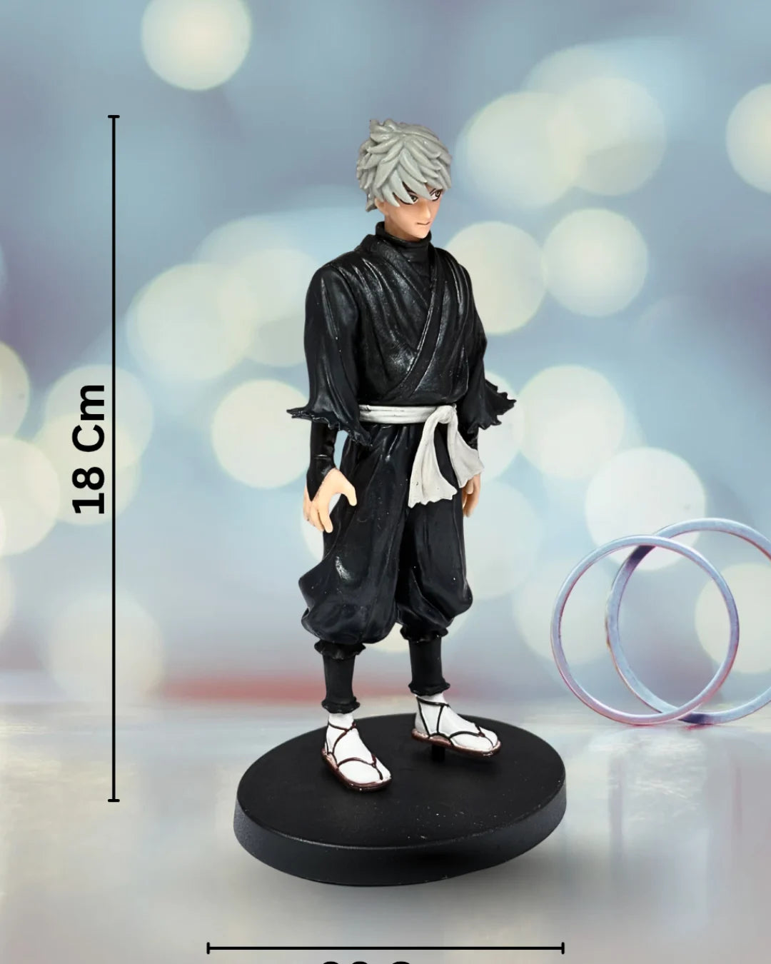 Action figure with measurement details on a blurred background
